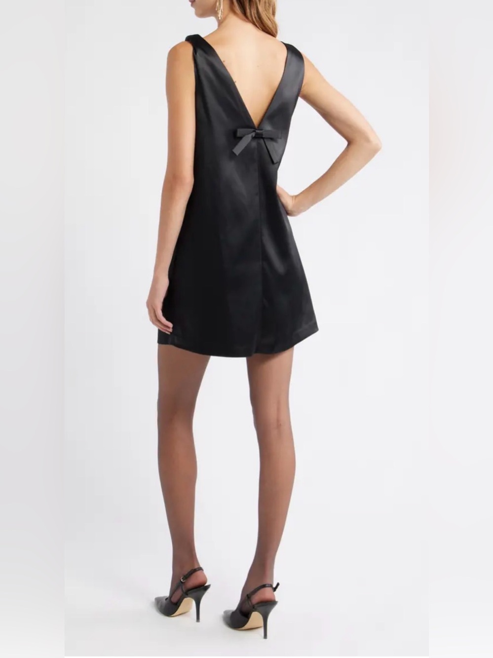 Wayf Black Satin Mini Dress with Bow